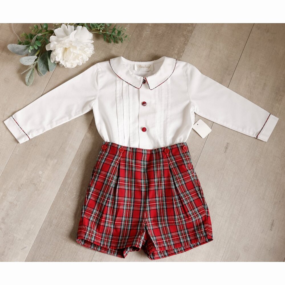 Strasburg Boy's Red Tartan Plaid Bobby Suit Dressy Short Set Classic